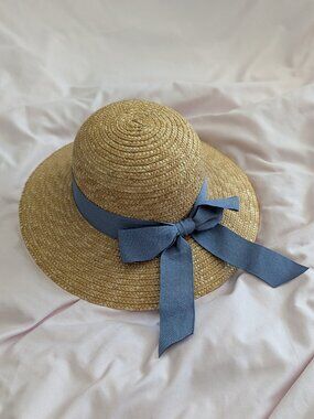 Cornelloki Tan Blue Ribbon Straw Boater Sun Hat S/M